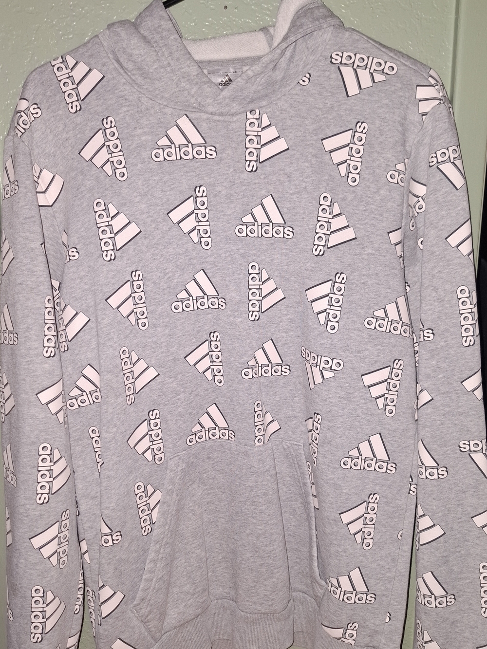 adidas Light Gray Hoodie with White Logo All-Over Print